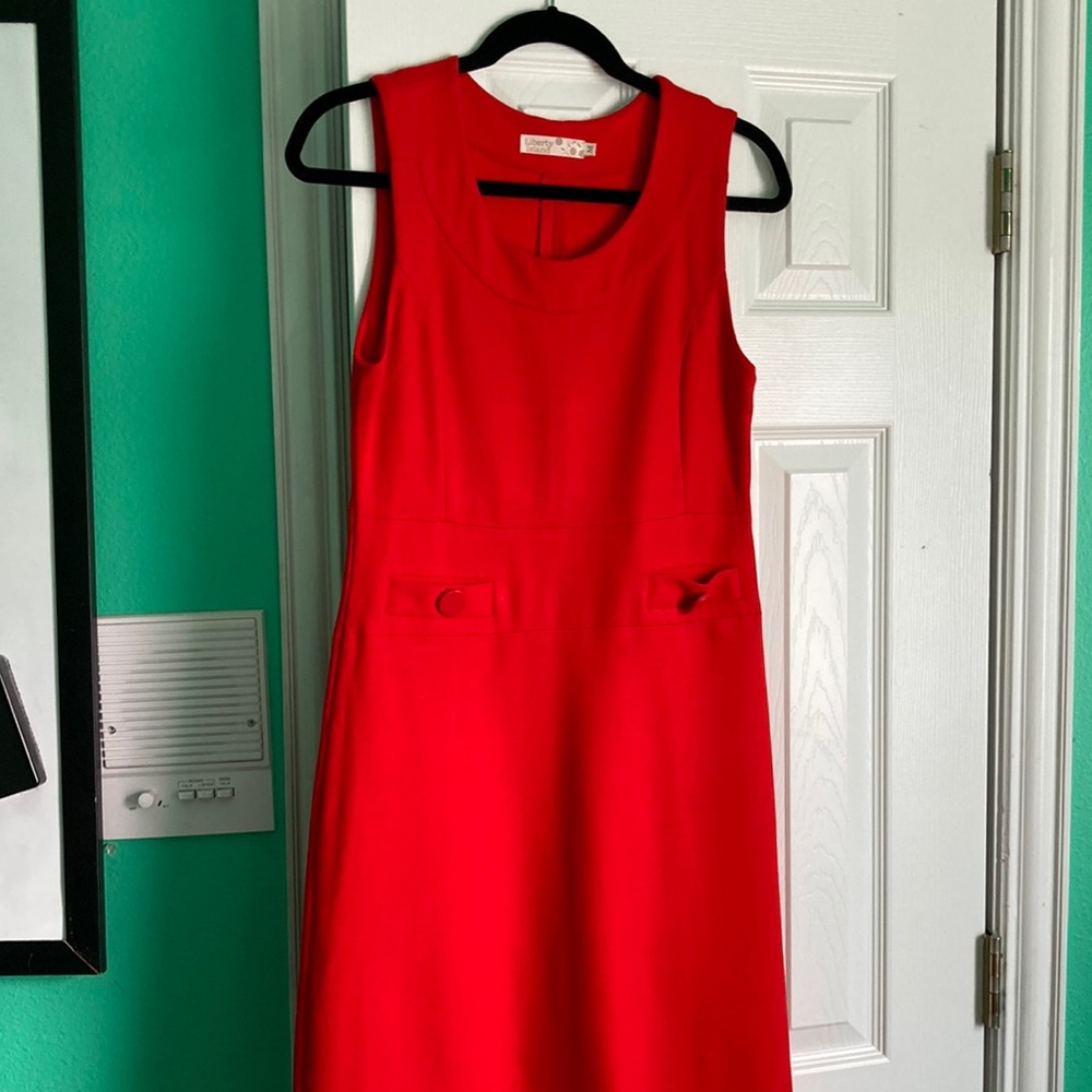 Bright red A-line medium midi dress with pockets
